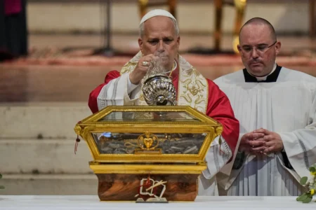 Pope Leo XIV incenses the relics of St. Augustine as he visits the San Pietro in Ciel d'Oro Basilica in Pavia, northern Italy, Saturday, June 20, 2026. (Credit: Luca Bruno/AP.)