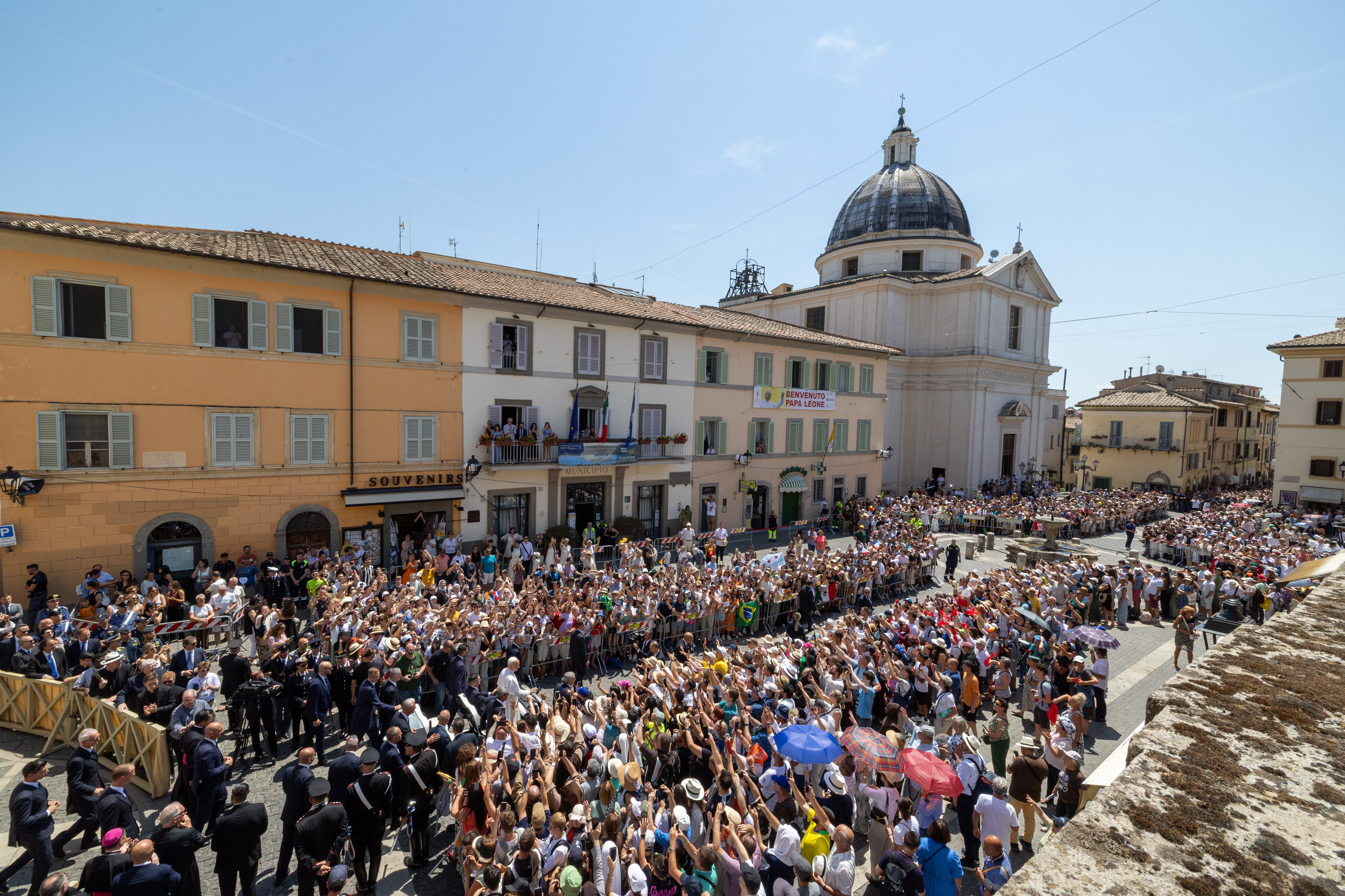 Pope Leo XIV greets the crowds after his Sunday Angelus on July 12, 2026, at the Piazza della Libertà at Castel Gandolfo. | Credit: Daniel Ibanez/EWTN News