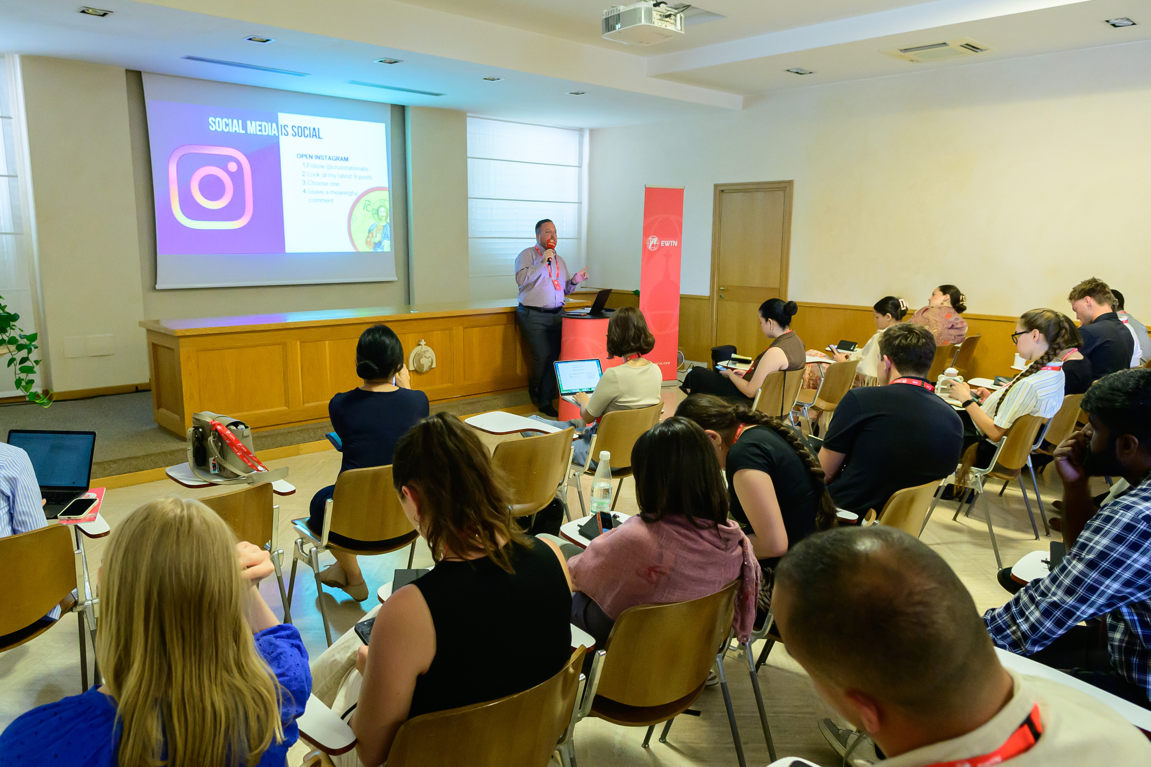 Jacob Stein, founder of social media apostolate Crux Stationalis and a digital media analyst for EWTN News, gives a lesson on social media to the EWTN Summer Academy in Rome on June 23, 2026. | Credit: Lemmy Ogbonnaya Ijioma/EWTN Summer Academy
