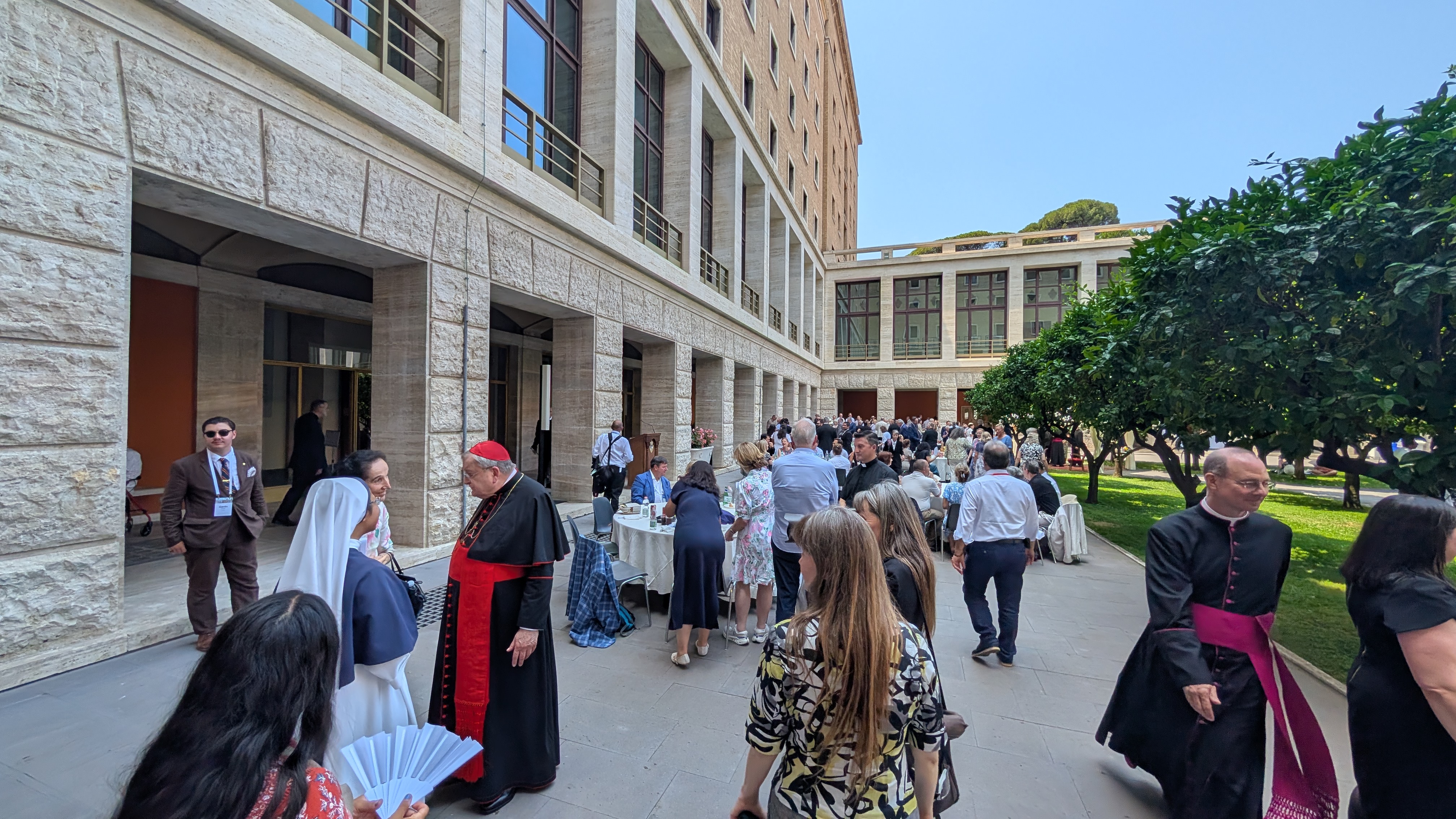 Participants celebrate at a reception at the Pontifical North American College in Rome held in honor of the U.S. metropolitan archbishops who received the pallium from Pope Leo XIV on June 29, 2026. | Credit: Ishmael Adibuah/EWTN News