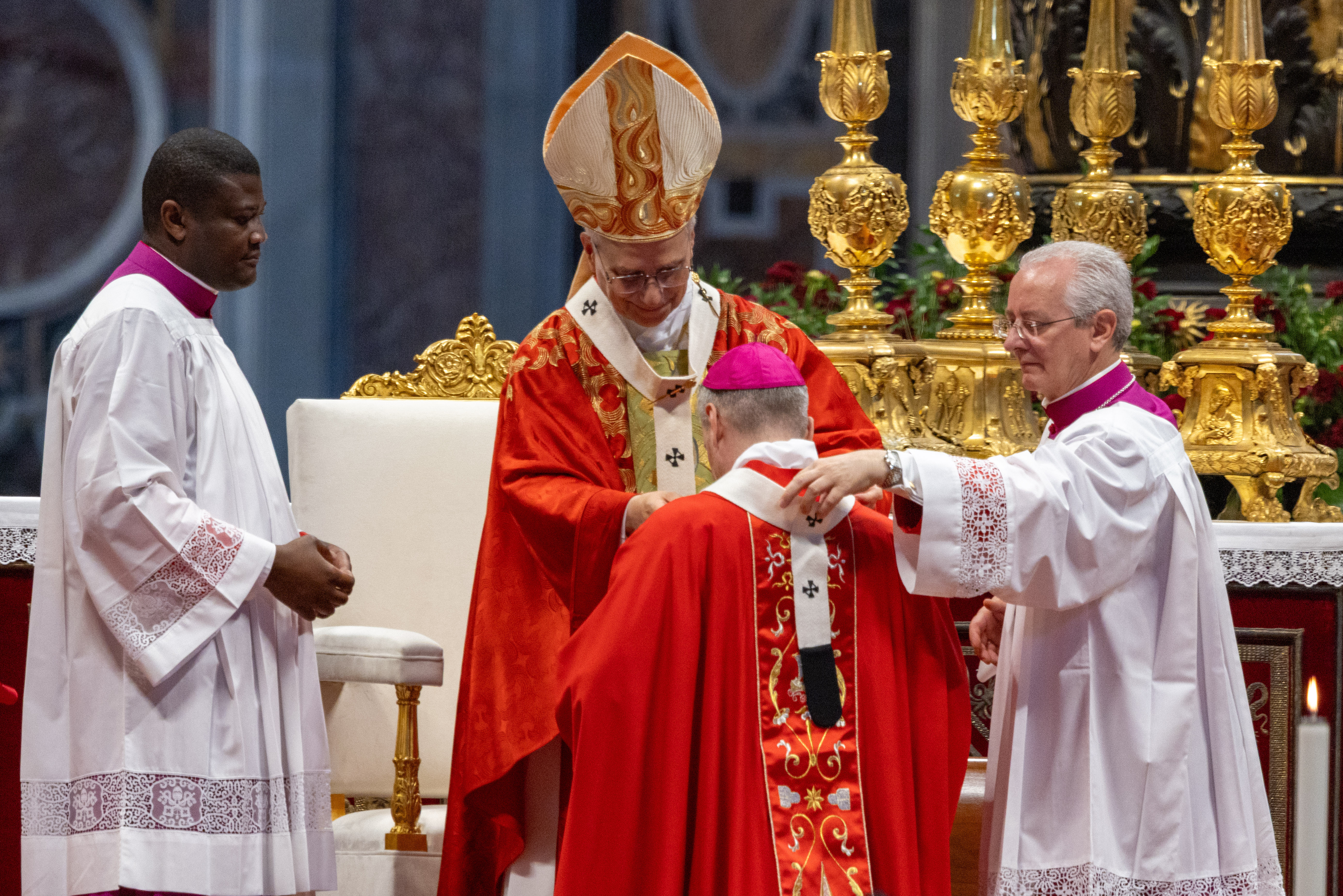 Pope Leo XIV bestows the pallium on New York Archbishop Ronald Hicks during a Mass for the solemnity of Sts. Peter and Paul at St. Peter’s Basilica on June 29, 2026, at the Vatican. | Credit: Daniel Ibanez/EWTN News