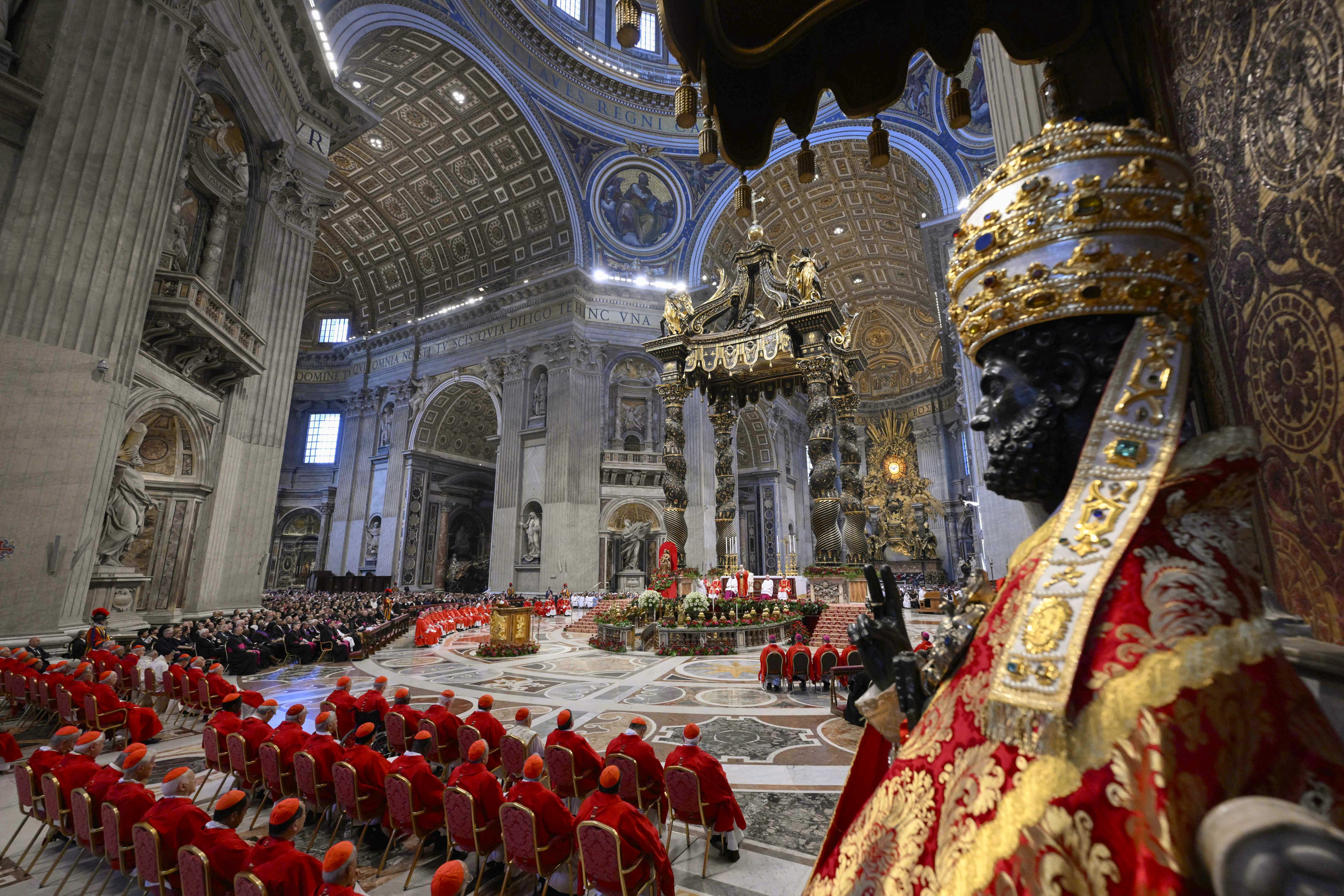 A detail of the statue of St. Peter during a Mass with Pope Leo XIV for the solemnity of Sts. Peter and Paul on June 29, 2026, at St. Peter’s Basilica at the Vatican. | Credit: Vatican Media