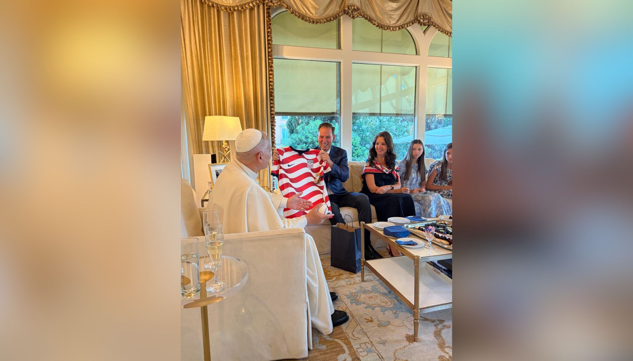 Pope Leo XIV has dinner with U.S. Ambassador Brian Burch and his family at the ambassador’s residence in Rome on July 4, 2026. | Credit: U.S. Embassy to the Holy See