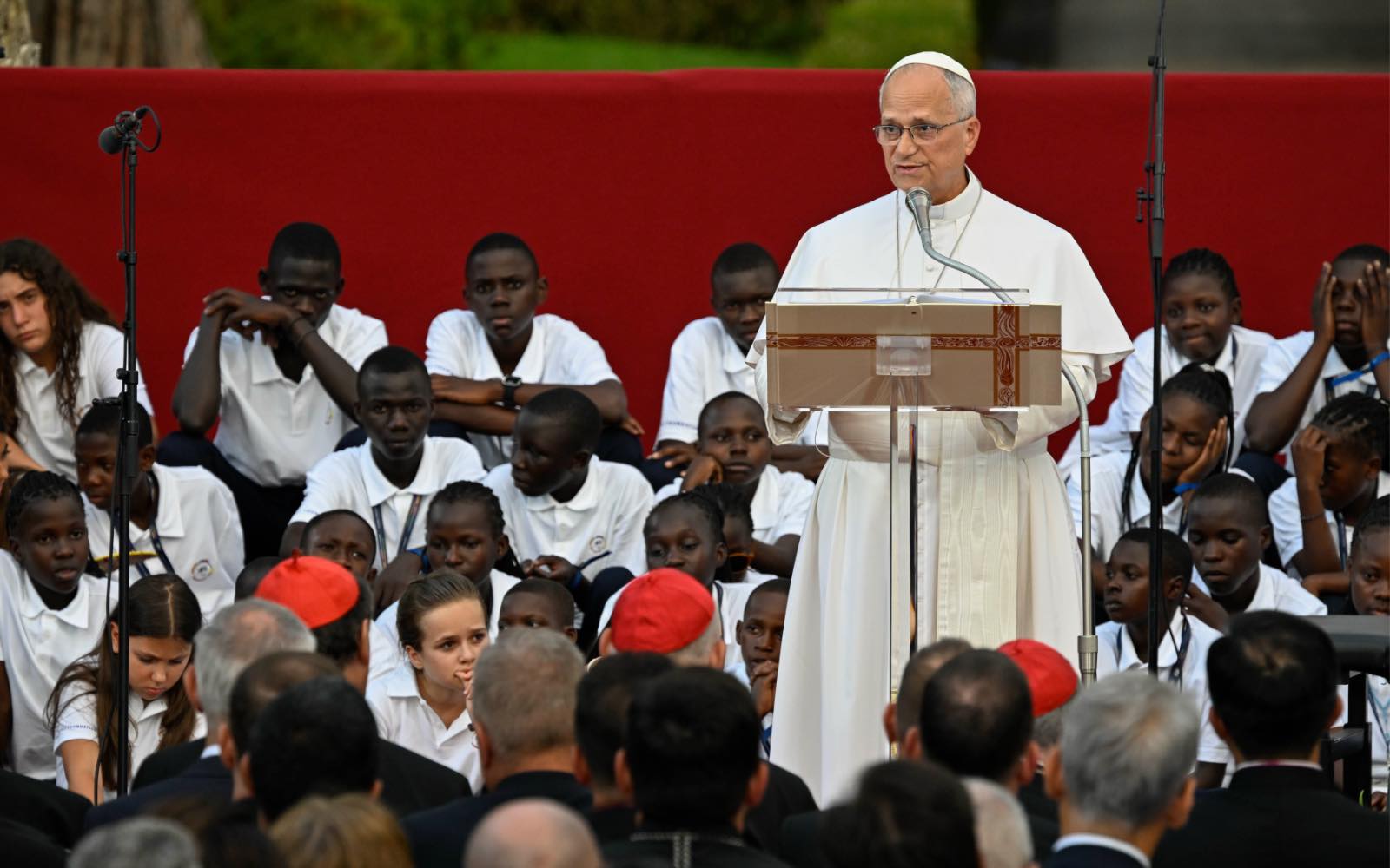 Pope Leo XIV speaks to the young participants in the “Canticle of Peace,” held at the Borgo Laudato Si’ in Castel Gandolfo, Italy, on July 29, 2026. | Credit: Vatican Media