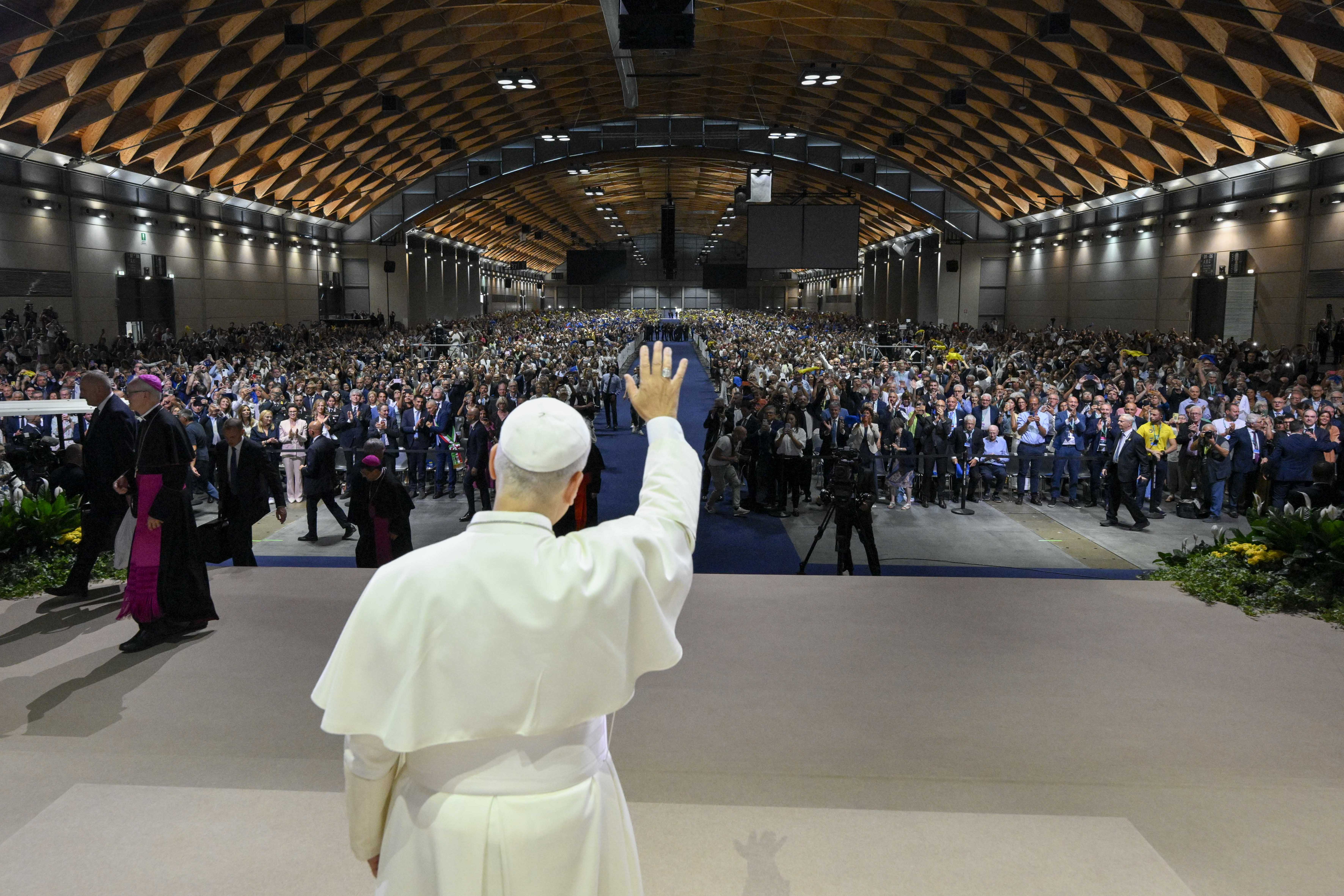Pope Leo XIV greets the 47th Meeting for Friendship among the Peoples in Rimini, Italy, Aug. 22, 2026. | Credit: Vatican Media