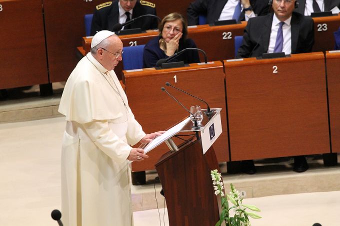Pope Francis addresses the Council of Europe in Strasbourg, France, on Nov. 25, 2014. | Credit: Alan Holdren/CNA