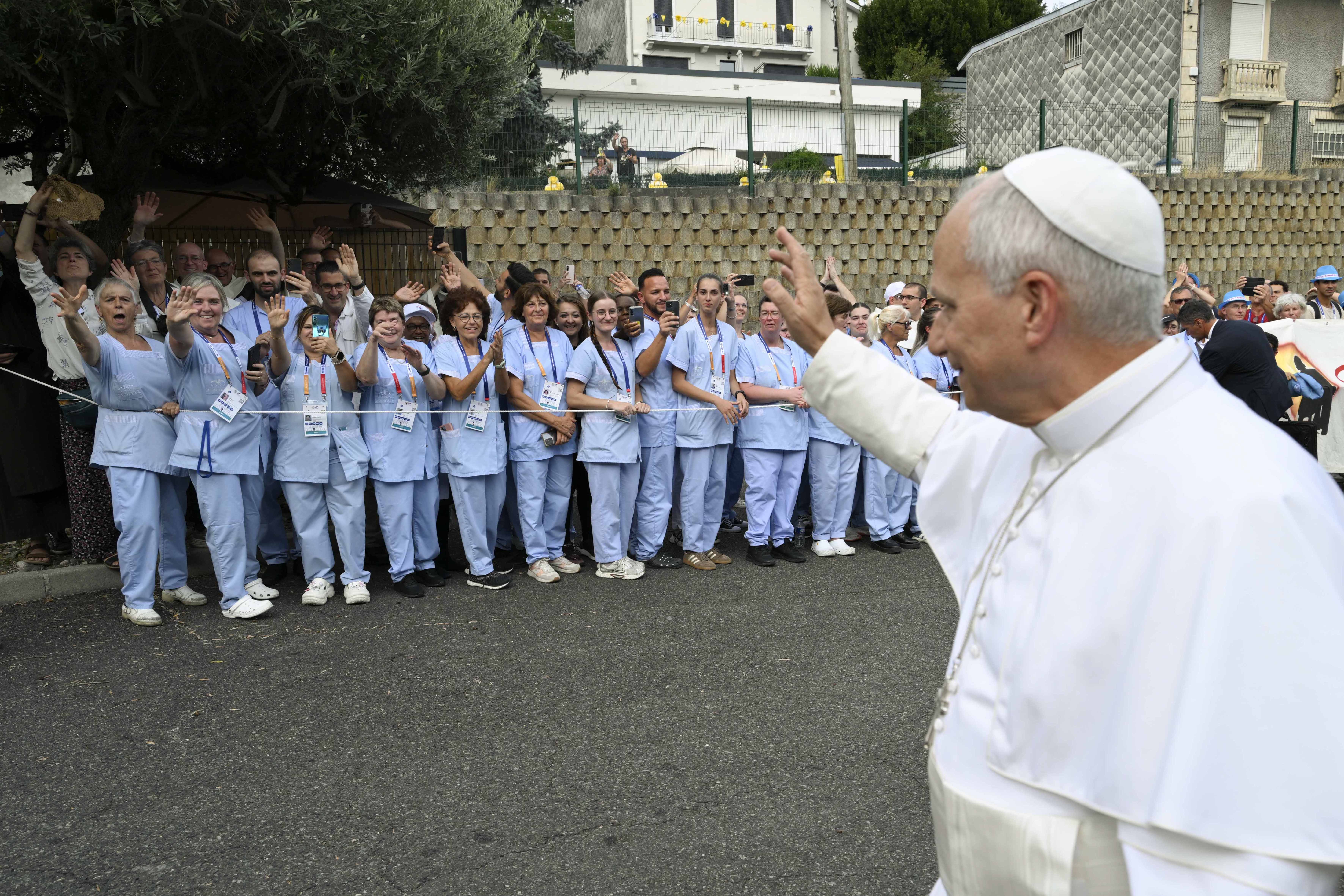 Pope Leo XIV greets medical staff and those assisted by the Accueil Notre-Dame on Sept. 27, 2026, in Lourdes, France. | Credit: Vatican Media