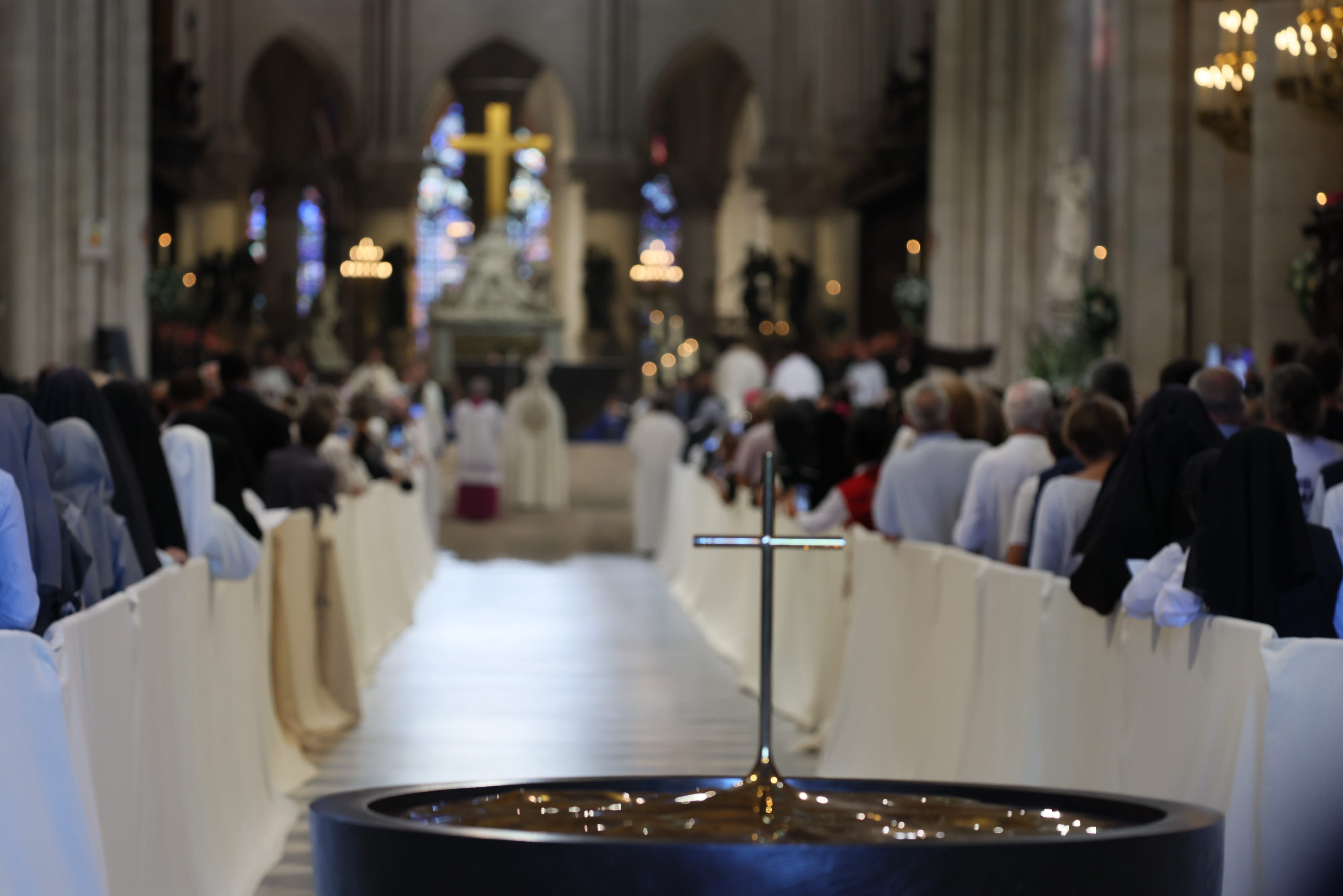 Seven years after a devastating fire nearly destroyed Notre-Dame Cathedral in Paris, Pope Leo XIV enters the restored cathedral Sept. 25, 2026, and celebrates vespers in the first papal visit since the 2019 blaze.| Credit: Daniel Ibáñez/EWTN News