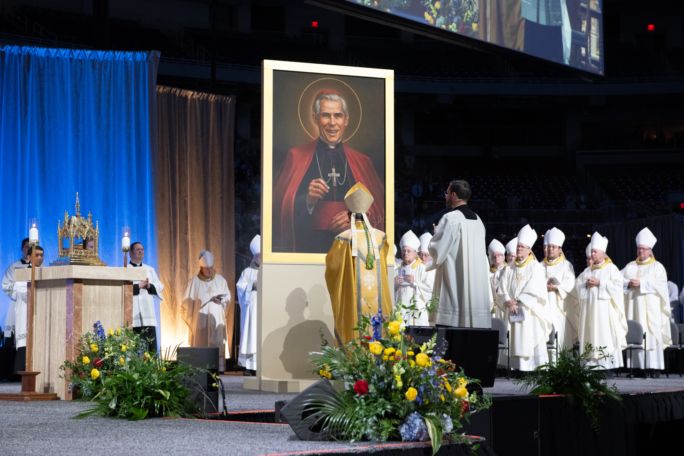 Cardinal Luis Antonio Tagle stands before the image of Blessed Fulton Sheen during the beatification Mass in St. Louis on Sept. 24, 2026. | Credit: Jeffrey Bruno