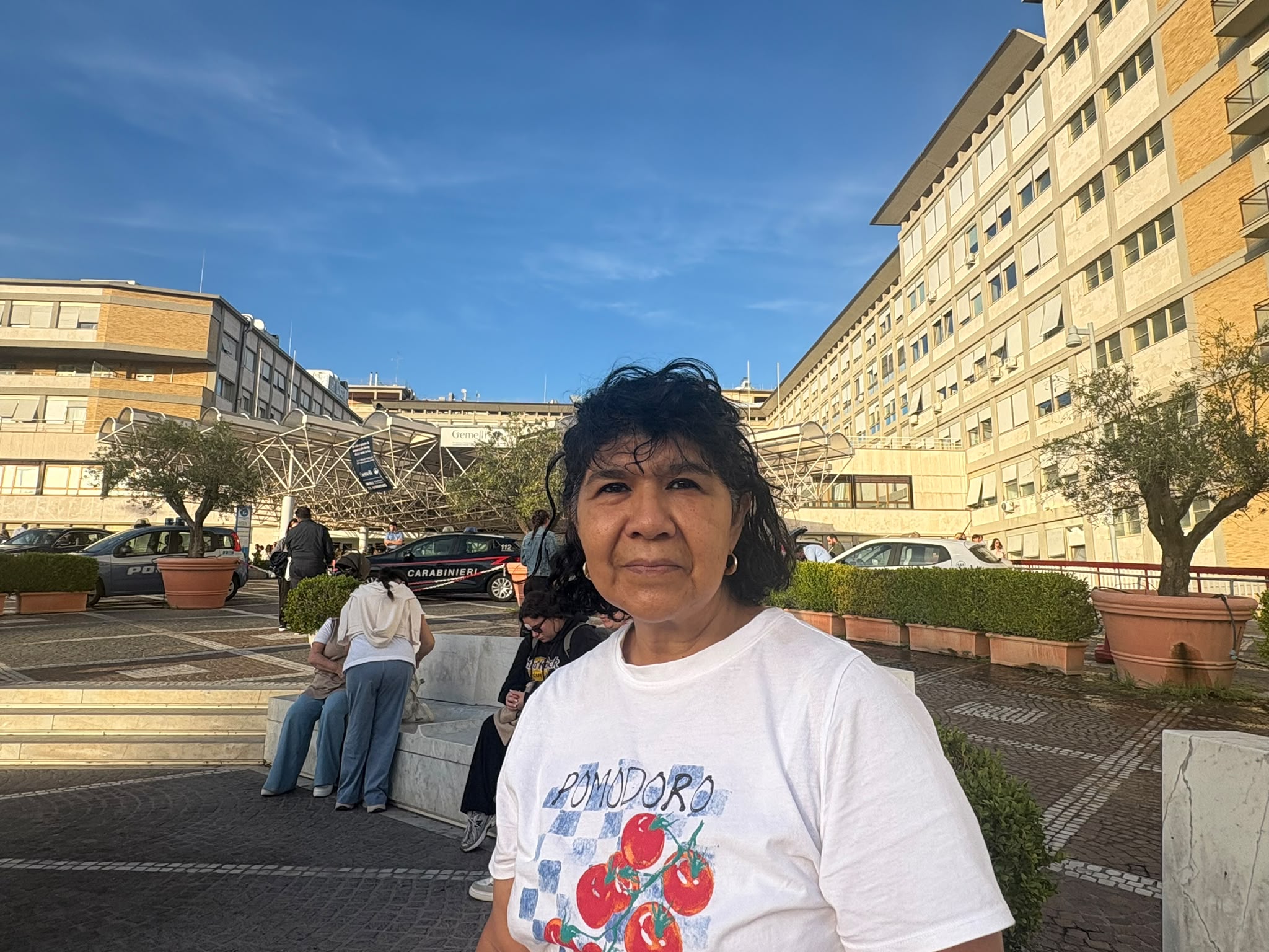 Gina, a Peruvian woman whose husband is also hospitalized at Gemelli Hospital, says: “Knowing that the pope is here helps me keep going.” | Credit: Victoria Cardiel/EWTN News.